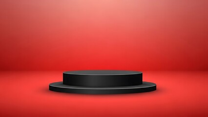 A solitary black cylindrical pedestal stands against a vibrant red background