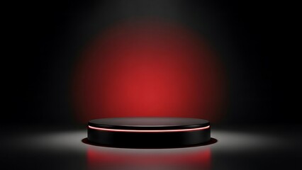 Empty black podium illuminated with a dramatic red spotlight in darkness