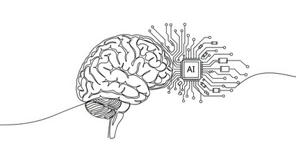 Continuous line drawing of human brain integrated with an AI circuit board showcasing artificial