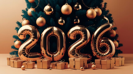 Celebrating the arrival of 2026 with festive gold balloons and a decorated christmas tree