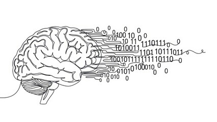 Abstract conceptual illustration featuring the human brain connected to digital binary code streams