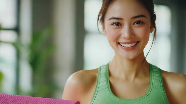 A woman in a green sports top smiling towards the camera, suggesting health and wellbeing.