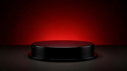Dramatic spotlight illuminates a black cylindrical pedestal on a red background