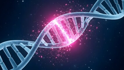 Glowing pink dna double helix structure with blue strands genetic