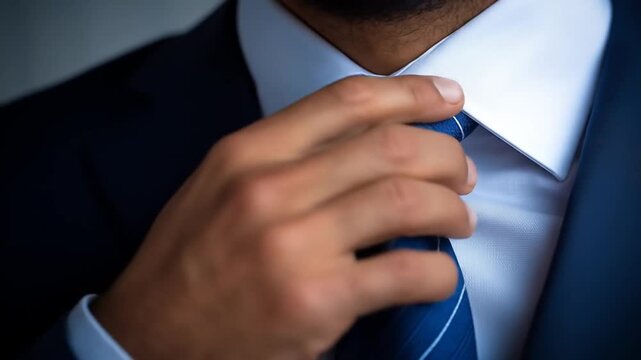 Professional man adjusting his elegant blue striped tie and white collared shirt