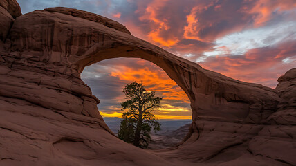 Lone tree framed by a stunning rock arch against a vibrant red sunset sky