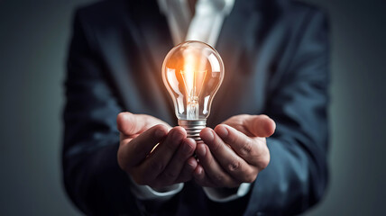 Businessman holding a glowing light bulb, symbolizing a new idea or innovation in business