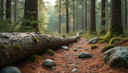 Fallen tree trunk covered by moss lies on forest path. Stones and ground covered with pine needles on wood trail. Tranquil woods landscape in blurred background with depth of field.