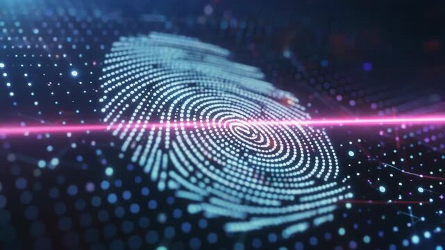 A futuristic fingerprint pattern emerges from micro-light dots on a digital surface.
