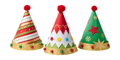 Three christmas party hats with different festive designs on white isolated on transparent background