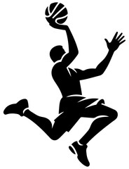 A bold black silhouette of a basketball player leaping for a dunk, capturing athleticism, focus, and competitive energy. Ideal for sports, fitness, and team-themed visuals.