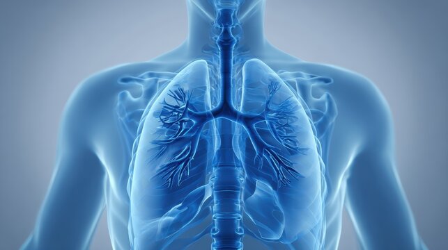 Detailed 3D rendering of human lungs and trachea, showing intricate bronchial tree structure