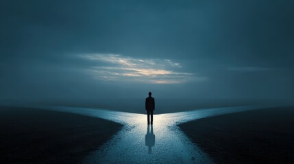 Man standing at a fork in the road at dusk, contemplating his next move