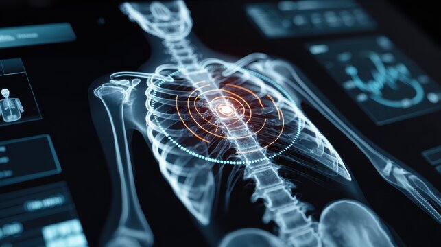 Digital medical scan of human chest showing glowing heart area with concentric circles