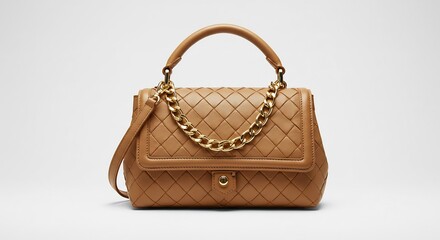 柔らかなスタジオ光が優しく照らすキルティング茶色ハンドバッグ金色のチェーンがアクセント. AI Generated