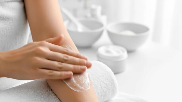 Woman applies rich white body lotion to her skin. Skincare routine for dry skin. Moisturizing and hydrating cream, beauty and wellness concept. Cloud Dancer Color of the Year 2026