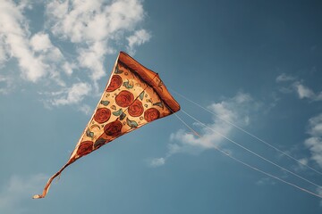 kite shaped like slice of pizza flying in the sky