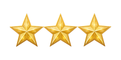Three golden stars aligned in a row on a transparent background with smooth texture