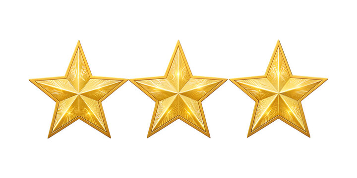 Three golden stars aligned in a row on a transparent background with smooth texture