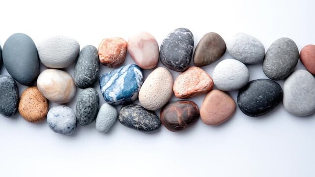Numerous smooth, varied-sized, colorful pebbles arranged in rows on a white background