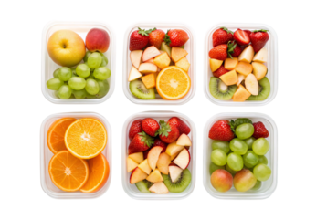 Six meal prep boxes with assorted fresh fruits grapes apples oranges strawberries, isolated on a transparent background