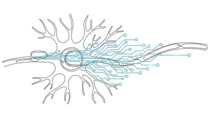 Abstract illustration of a neuron cell integrated with a digital circuit design