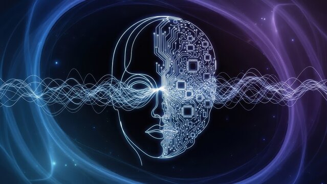 Artificial intelligence concept featuring a human head connected to circuitry with cosmic energy - Powered by Adobe