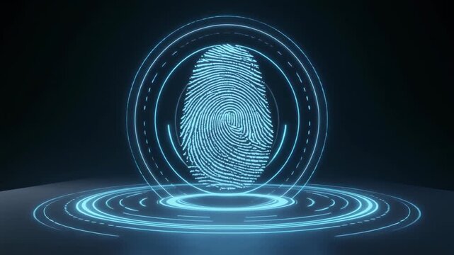 Glowing fingerprint pattern floats on minimal UI surface in dark environment