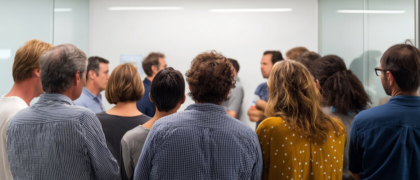 Informal team gathering, everyone leaning into frame, glass and white wall backdrop.
