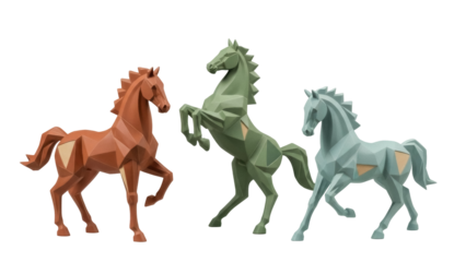Isolated low poly geometric horse trio in brown green and blue for decoration or mascot design