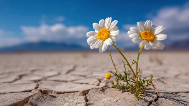Two White and Yellow Flowers Blooming on Cracked Earth Under a Bright Blue Sky with Soft White Clouds in a Desert Landscape