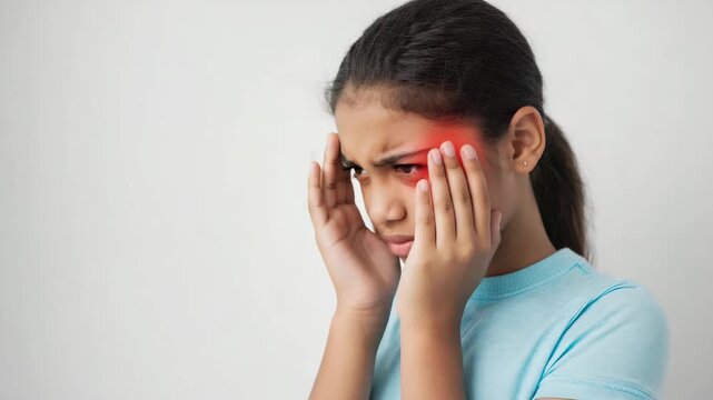 Young girl experiencing sharp throbbing pain near her eye and temple area indicative of a painful migraine or tension headache against a plain light background