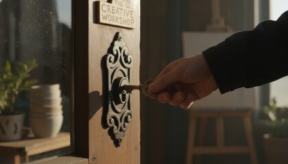 Unlocking creativity hand opening door to innovative workshop studio setting close-up view artistic concept