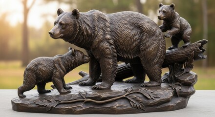 Bronze Family: A Majestic Mama Bear Guiding Her Curious Cubs Through the Woods
