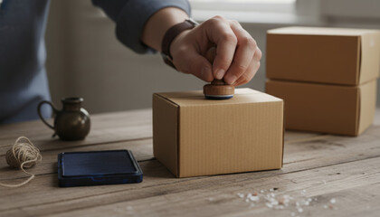 Packaging process hand stamping boxes home office product display natural lighting close-up view craftsmanship techniques