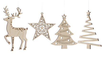 Isolated Wooden Christmas Ornaments including Deer, Star and Trees against Transparent