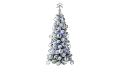 Isolated snow-covered Christmas tree with silver ornaments and snowflake topper, festive decor