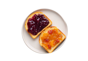 Two toast slices with berry and apricot jam spread on plate, isolated on a transparent background