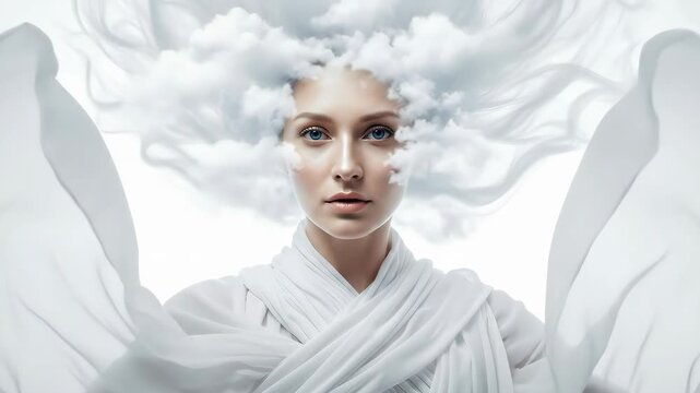 Woman with clouds as hair surrounded by flowing fabric. Cloud dancer color of the year 2026. Surreal beauty and ethereal fashion concept.