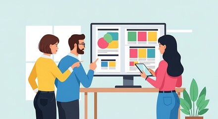 Team Collaboration on Design Project with Digital Display and Tablet.