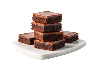Chocolate brownies stacked on white marble plate with fudge frosting topping, isolated on a transparent background