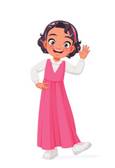 Cute little Arab school girl waving hand. Cartoon vector illustration.