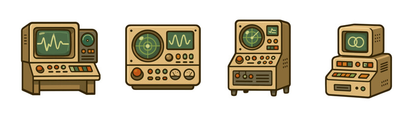 Fototapeta premium Retrofuturistic computer consoles cartoon icons set, diagnostics radar terminals