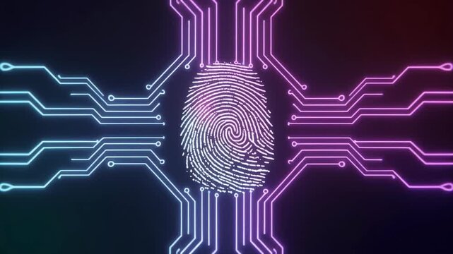 A biometric fingerprint forms gradually through animated circuit-like lines in a gentle, minimal environment.