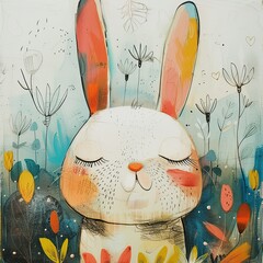 Cute bunny with flowers in watercolor style
