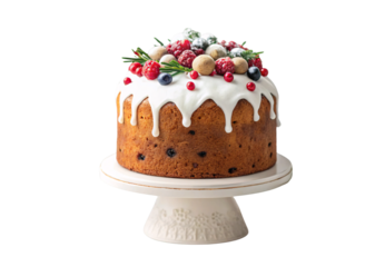 Festive Christmas fruitcake with white icing berries rosemary and ornament decorations, isolated on a transparent background