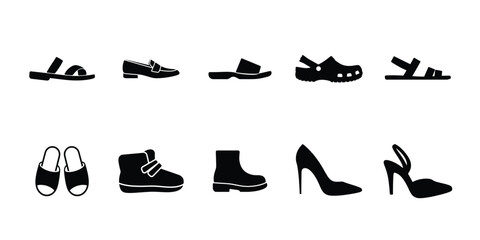 Footwear icons set, Flat black shoe silhouettes vector collection