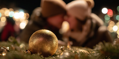 Golden ornament in focus with kissing winter couple blurred in sparkling lights.