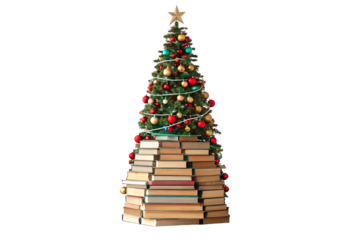 Festive Christmas tree with colorful ornaments and lights placed atop pyramid of stacked books, isolated on a transparent background