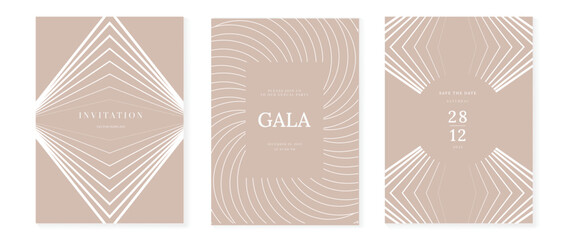 Naklejka premium Luxury art deco vector invitation card set with gold line geometric patterns on cream background. Elegant premium design for gala event wedding celebration poster and branding.